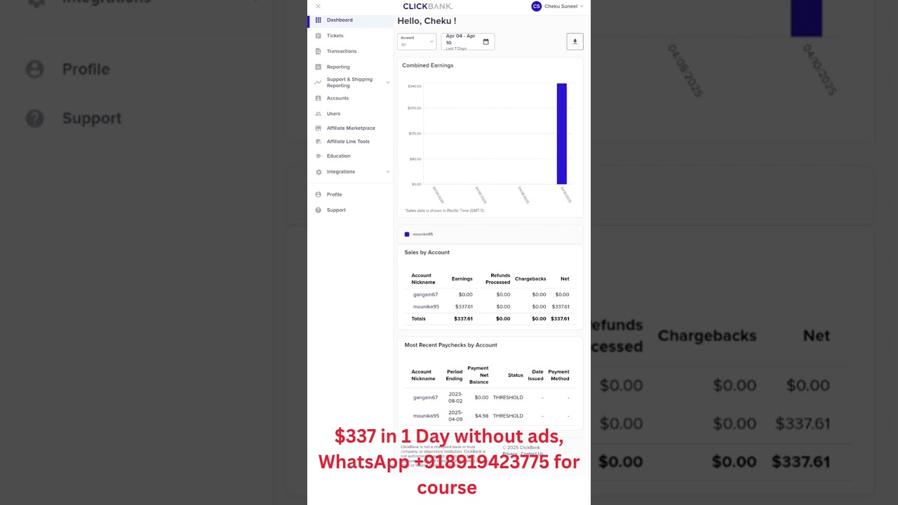 Clickbank Sale $337 in 1 Day Without Ads #clickbank #affiliatemarketing